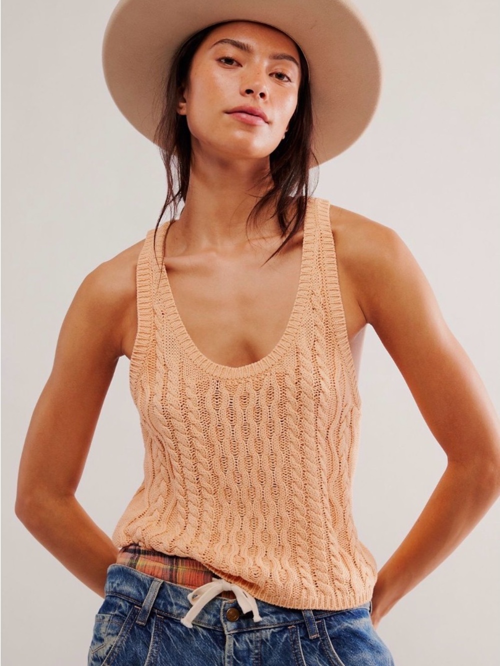 Free People Peach Cable Knit Scoop Tank